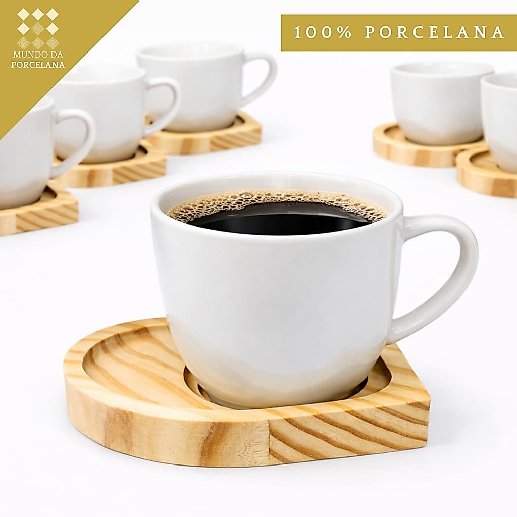 Jogo 6 Xícaras Café Com Pires Coração Kit Xicara Porcelana Premium 95ml Pires Madeira