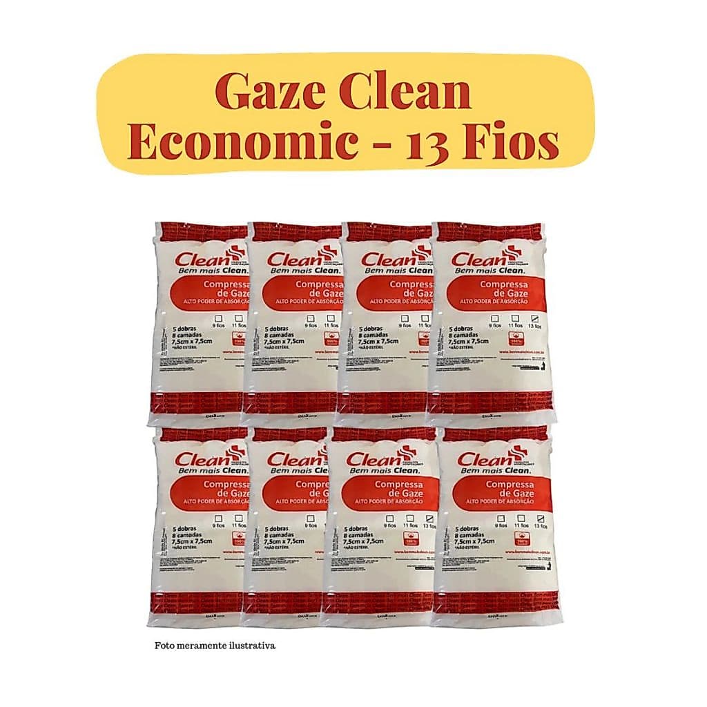 Kit 8 Pacotes Compressa de Gaze Não Estéril 13 Fios Hidrófila para Curativo Clean Economic