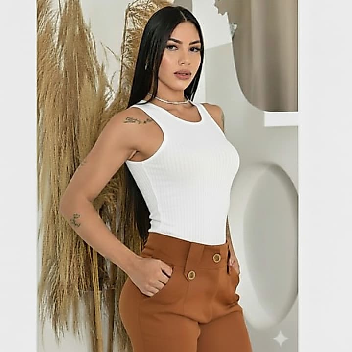 Body Regata Feminino Canelado Gola Redonda Elegante Casual Tecido Premium