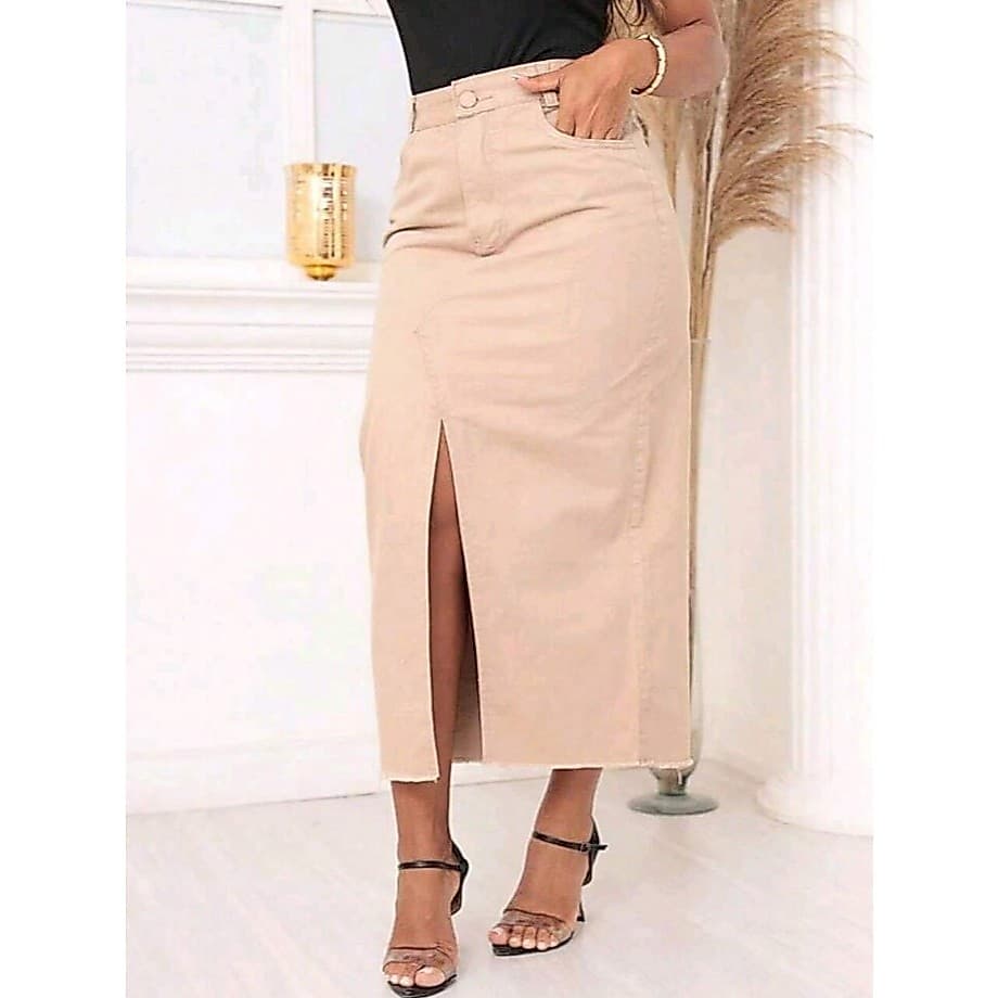 Saia Jeans Midi Feminina com Fenda na Frente Saia Jeans com abertura na frente