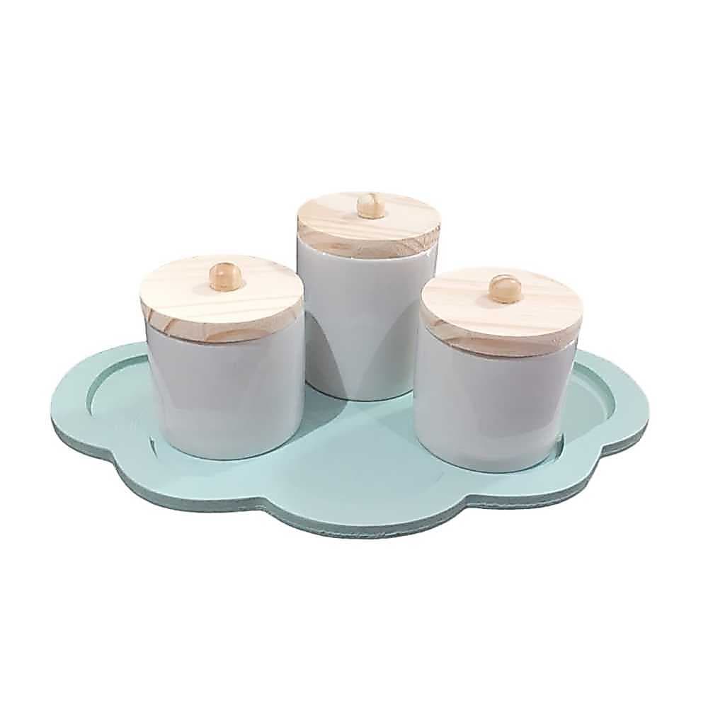 Kit Higiene Bebê porcelana potes com tampa porta algodão cotonete bandeja nuvem verde