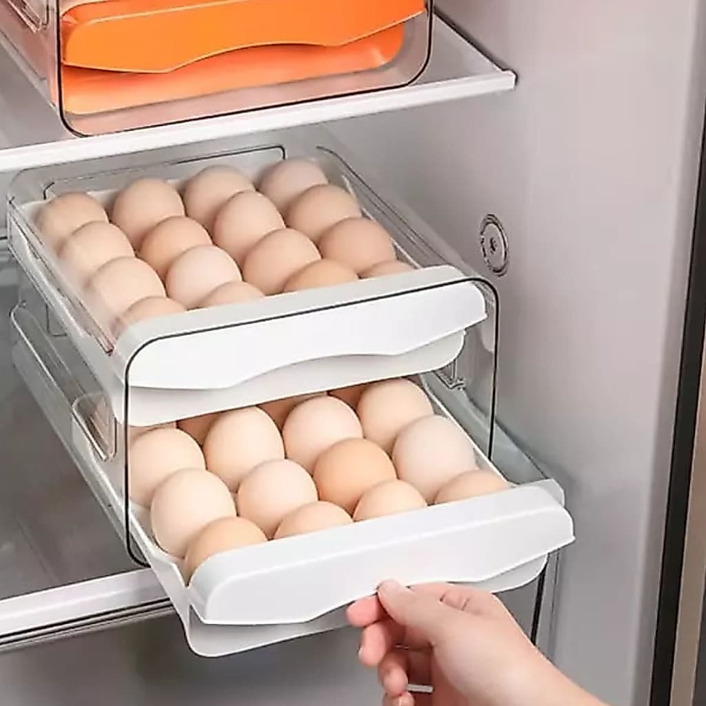 Organizador Gaveteiro Duplo Para 32 Ovos Geladeira - Branco e Plástico Transparente