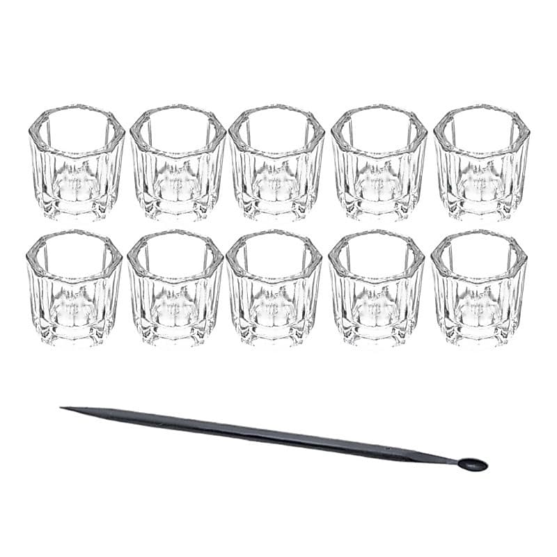 Kit 10 Copinhos de Vidro Dappen Para Unha e Design de Cilíos e Sombrancelha + Palito Plas Com Medidor de Henna e Tintura