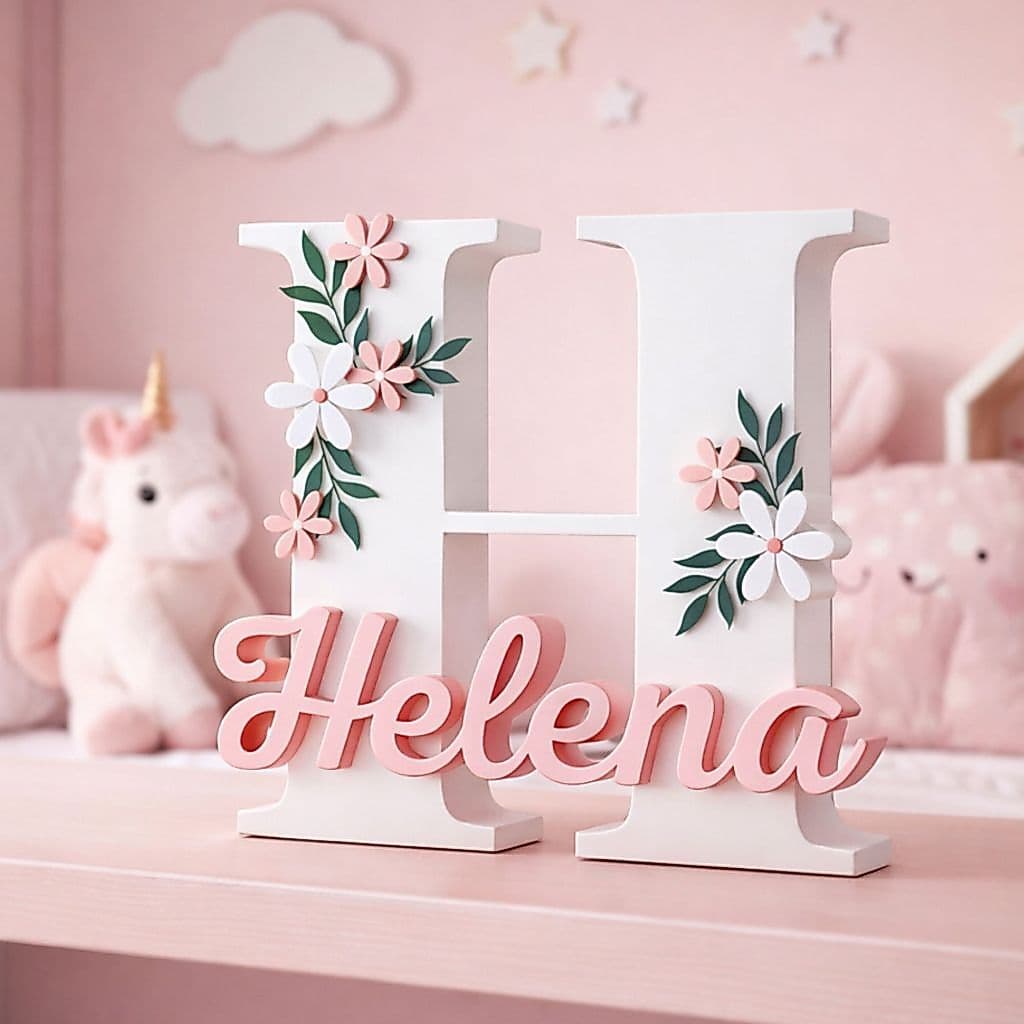 Nome Personalizado Floral 15 ou 20cm Quarto Bebê Menina Premium Luxo