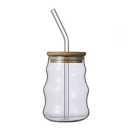 Copo Com Canudo de Vidro e Tampa Bambu 450ml