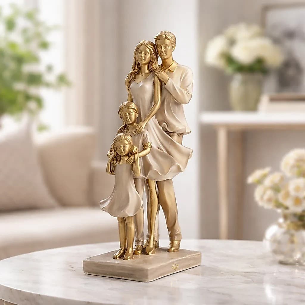 Escultura Família Dourado E Nude Estatueta Decorativa Elegante Enfeite Sala Estante