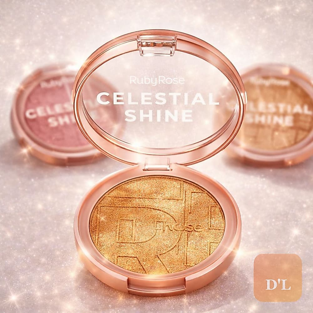 Iluminador Ruby Rose Celestial Shine Glow Facial Compacto Alta Pigmentação