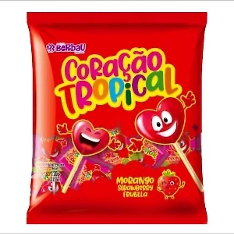 Pirulito coração tropical sabor morango.berbau.pacote 500g.50unidades.festas