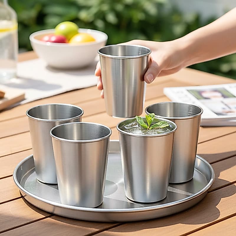 Kit 5 Copos de Aluminio com Bandeja para Bebidas Agua  Leite Café Cerveja Chop Bar Festa