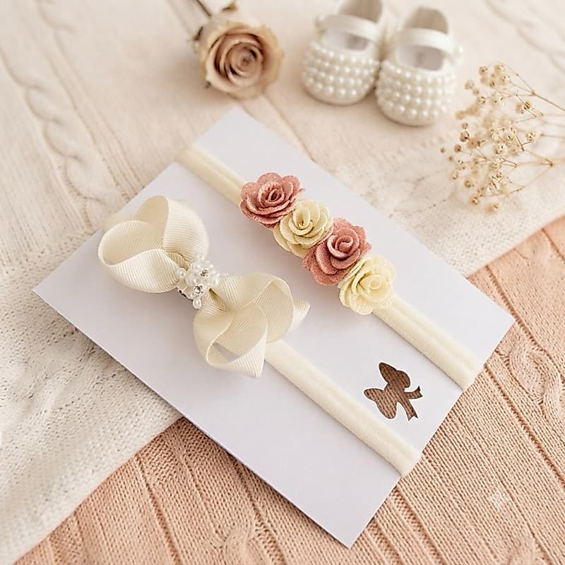 Kit  2 Faixas de Bebê Luxo com Pérolas e Flores | Tiara RN Delicada Menina