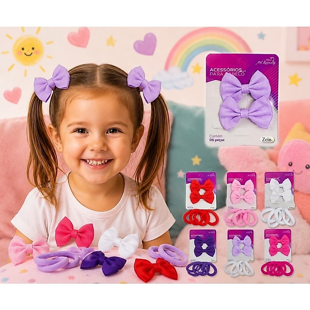 Kit 8 Laços Infantil e 16 Xuxinha de Cabelo Acessorio para Menina Parzinhos Coloridos Escola e Festa