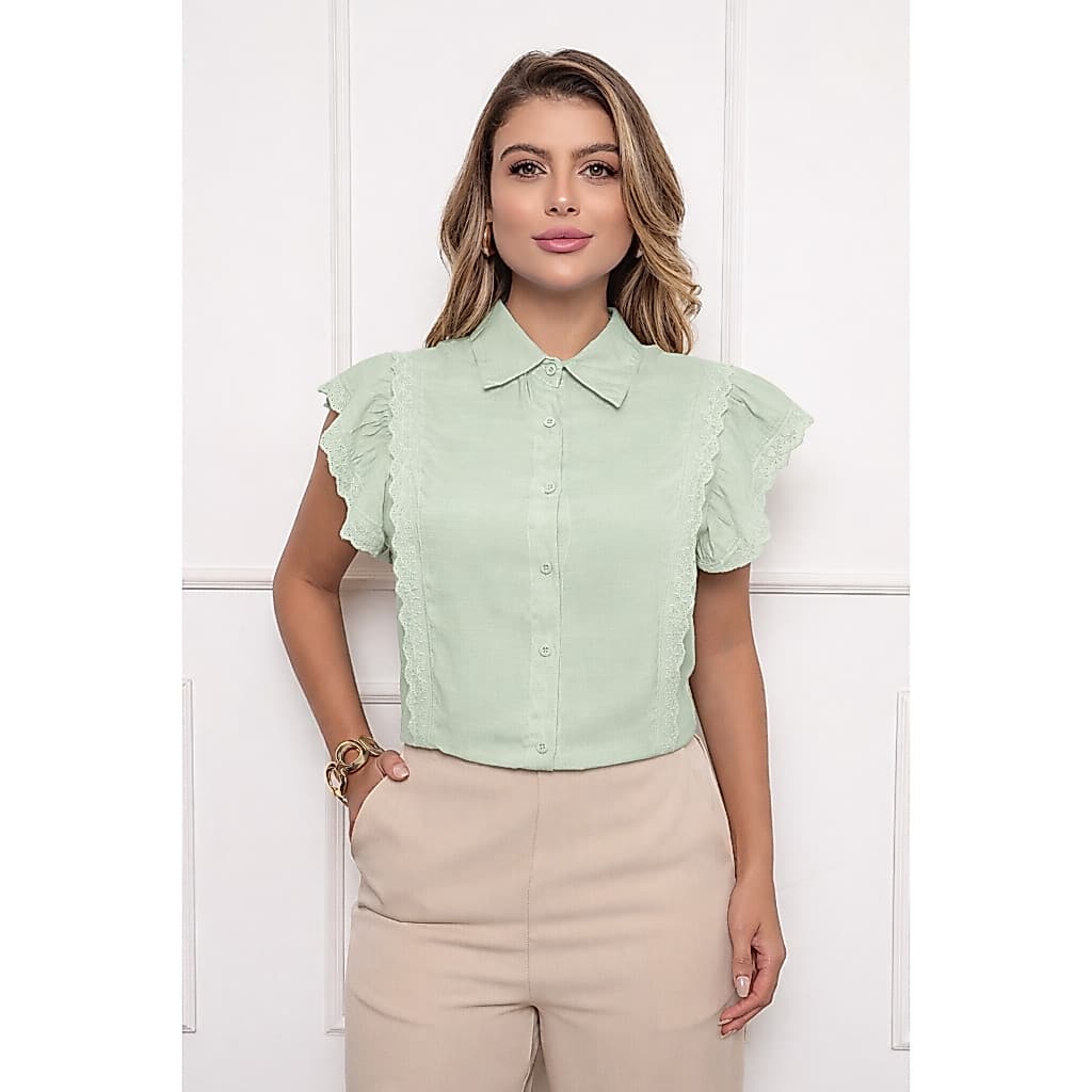 ALETHEIA - CAMISA BLUSA FEMININA ALGODÃO LEVE E RESPIRÁVEL ELEGANTE MANGA CURTA  BABADO SOCIAL