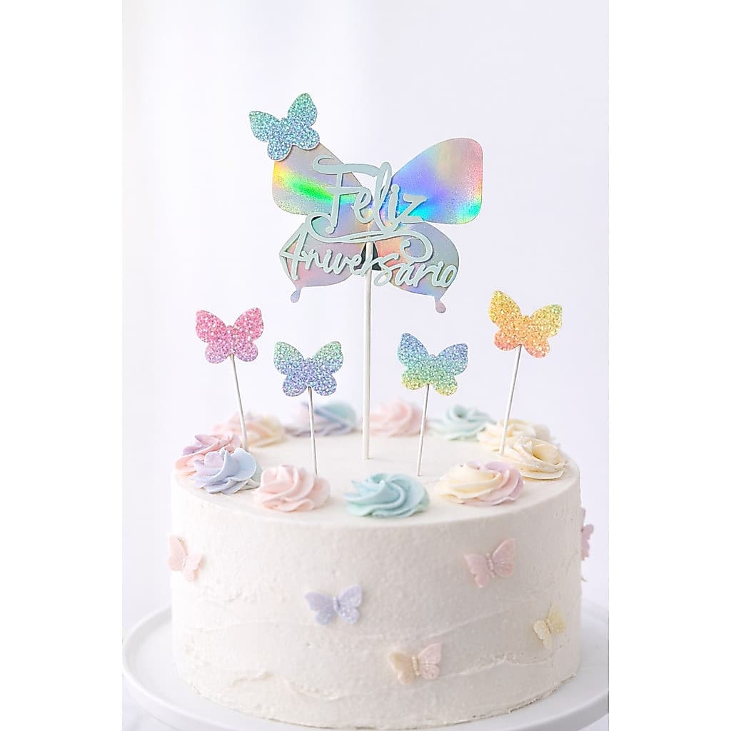 Kit Topo Bolo De Borboleta Borboletas Decoração Festa Conjunto Confeiteira Placa Holografico Brilho Glitter