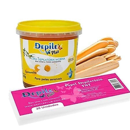 Kit Cera Hidrossolúvel 600g + Espátula (Palito) Larga 15 unidades + Papel Depilatório 20 unidades