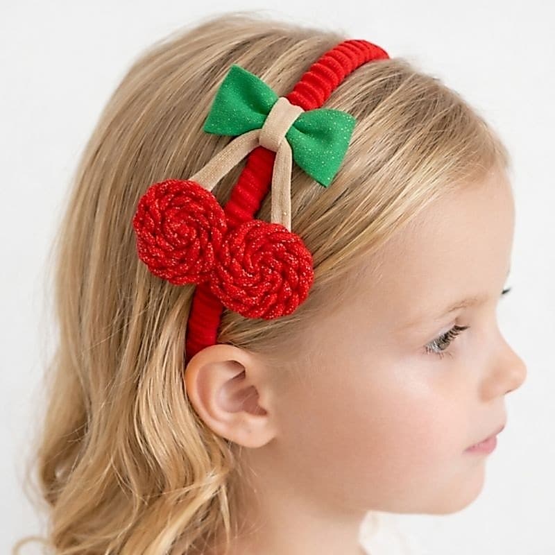 Tiara Infantil Cereja em Fio de Malha com Brilho | Acessório Infantil Artesanal Luxo