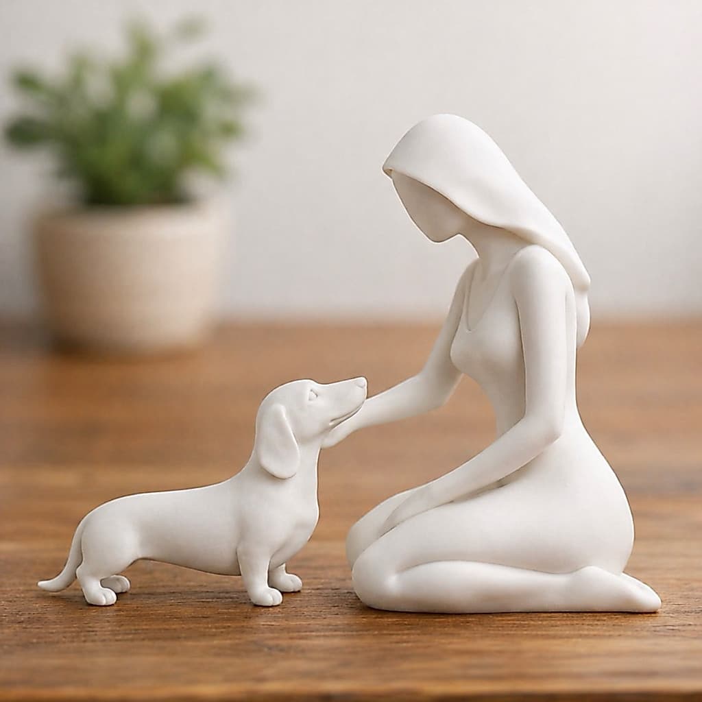 Escultura Mulher e Dachshund Salsicha Cachorro Minimalista Decorativa | Moderna para Mesa e Estante