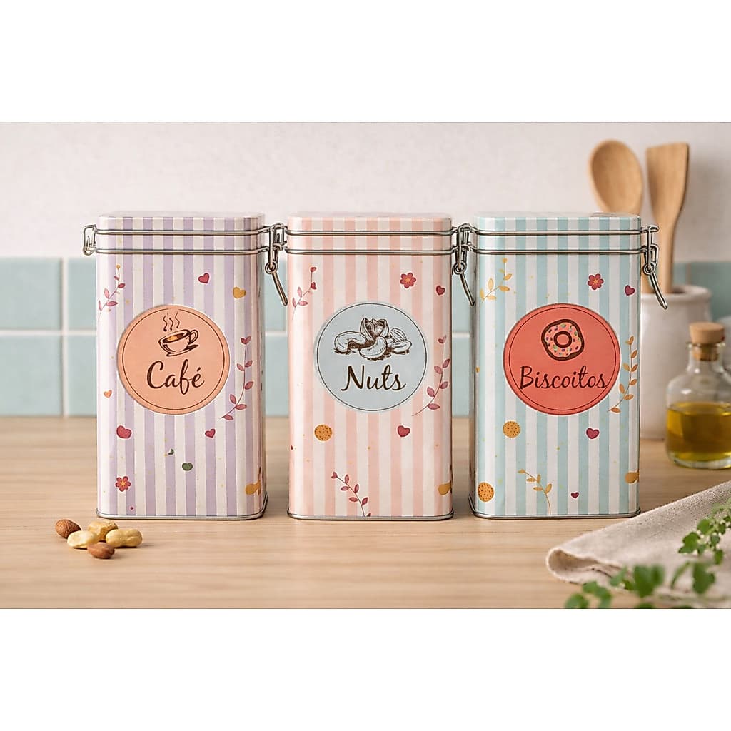 Porta Biscoito Café Inpire Crie Repita Latinhas Decorativas Lata Fecho Metálico Pote Dolce Home 20cm