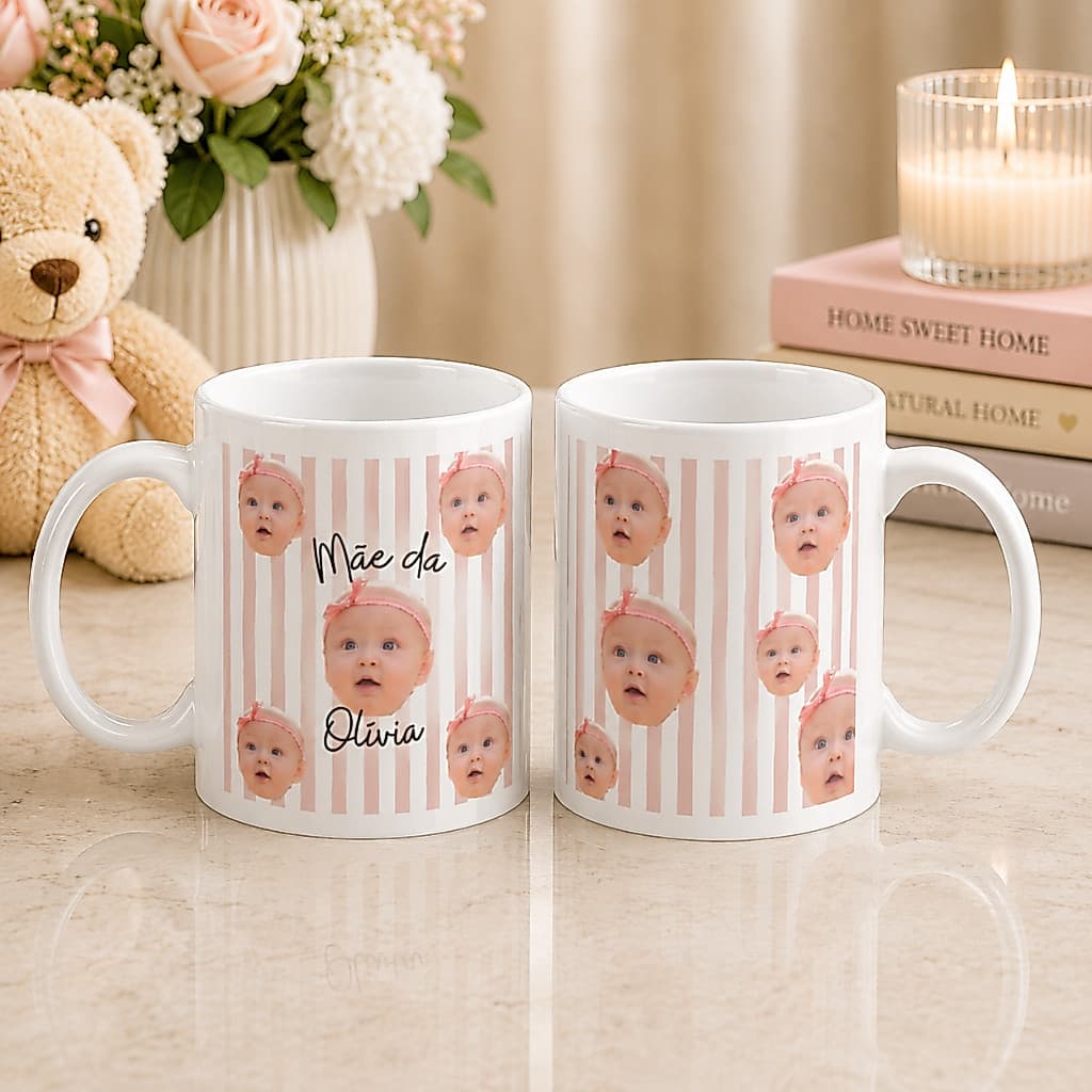Caneca com Foto e Nome carinha do Bebê Personalizado Presente Tios, Dindos, Mães, Pais, Avós Xícara