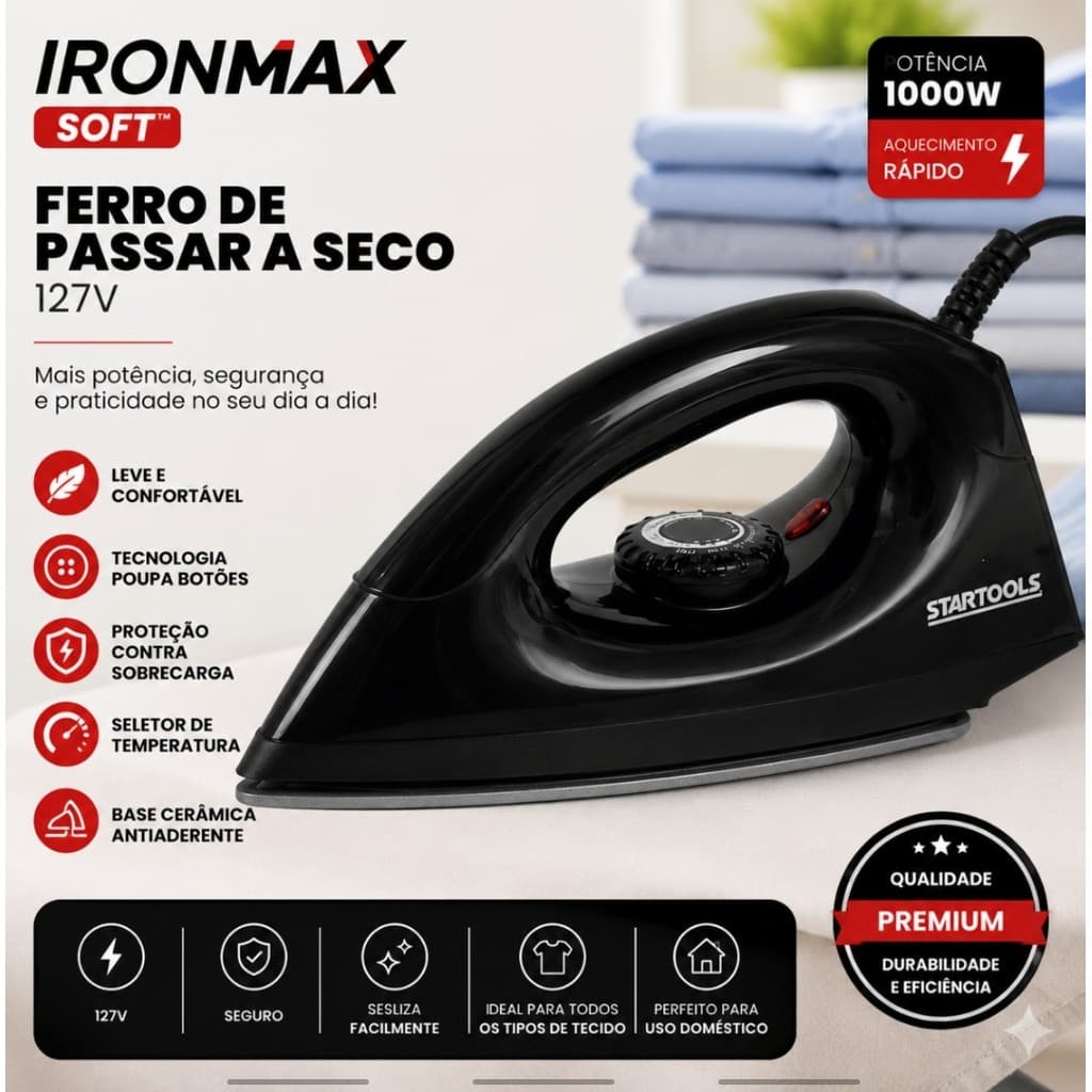 Ferro de Passar a Seco 127V 1000W Base Cerâmica Antiaderente Seletor de Temperatura Proteção Contra Sobrecarga Preto