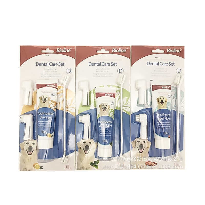 11 ganhe 1 grátis Bioline Bioline Pet Dog Cat Dog Pasta de dentes Conjunto de escova de dentes Carne Laranja Sabor Menta