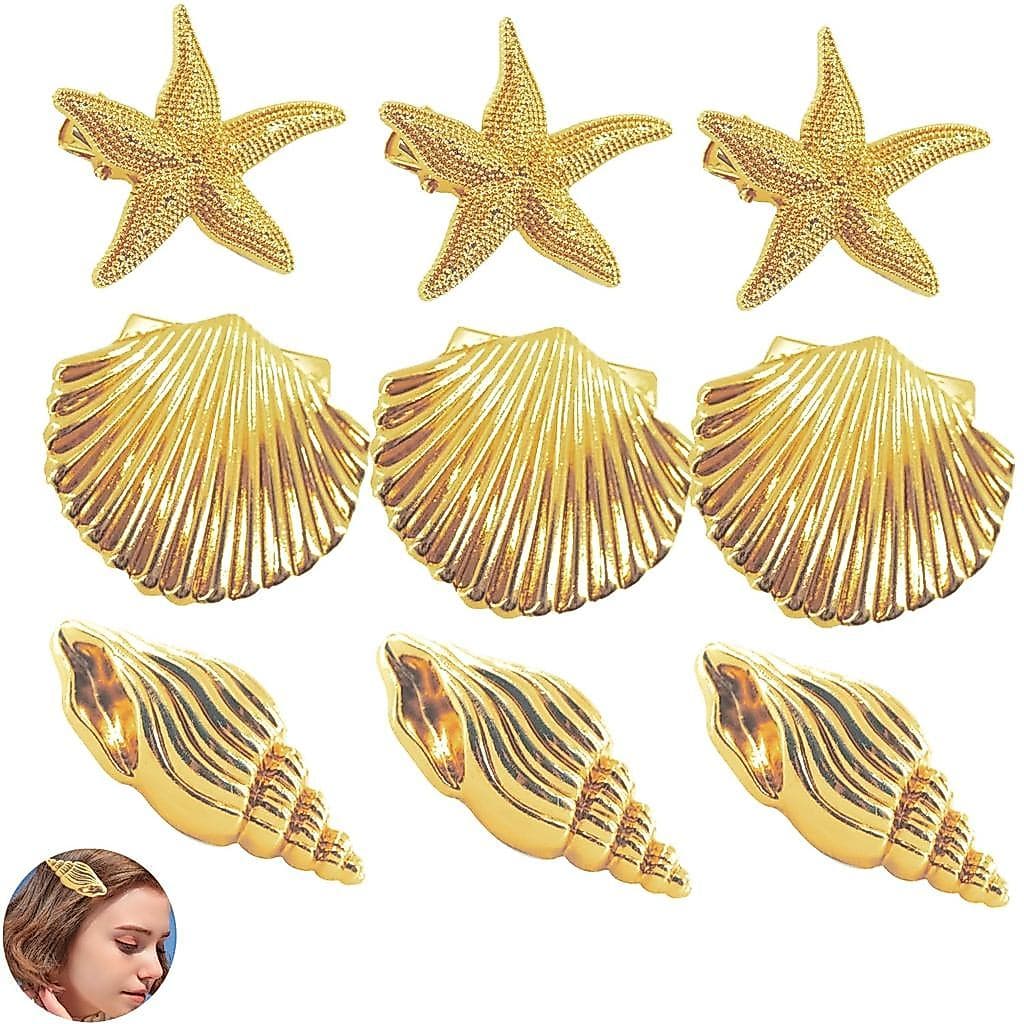 9 peças de presilhas de cabelo em formato de estrela-do-mar, presilhas de cabelo em formato de concha, ornamentos de cab