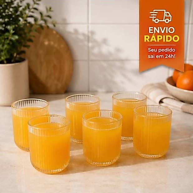Kit com 6 Copos Canelado Jogo de Copos 280ml Vidro Transparente Versalhes Grafiato Drink Suco Agua Bebidas