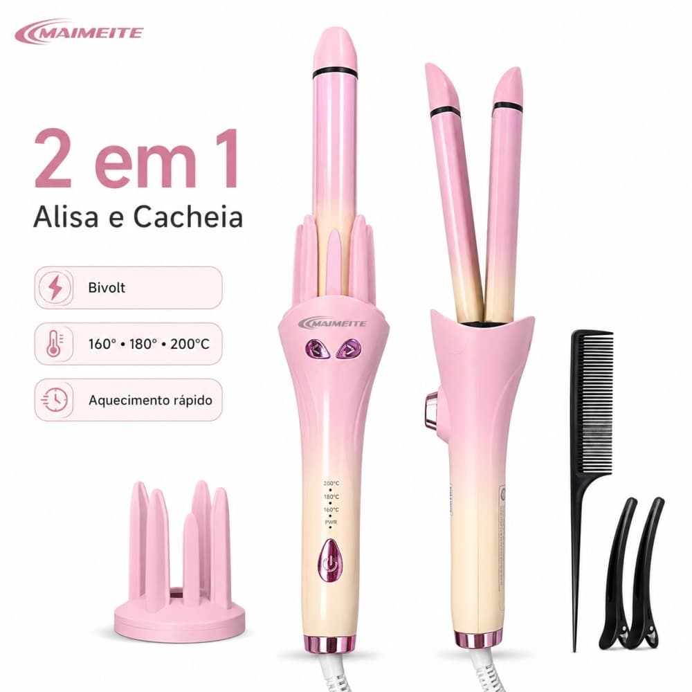 MAIMEITE Modelador de Cabelo 2 em 1 Alisa e Cacheia Rotativo Bivolt Cerâmica 3 Temperaturas 160°C 180°C 200°C