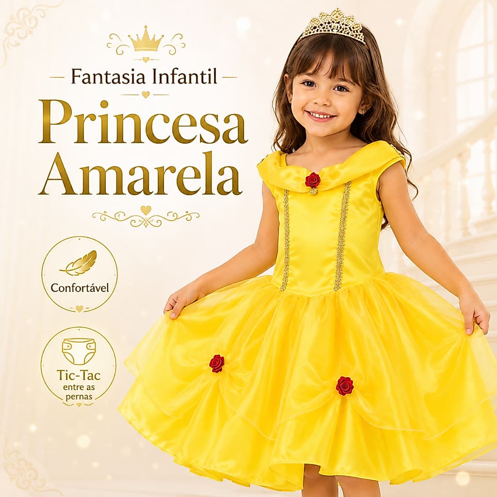 Vestido  Princesa Amarela Fantasia Bela Infantil Festa Menina mesversário Halloween