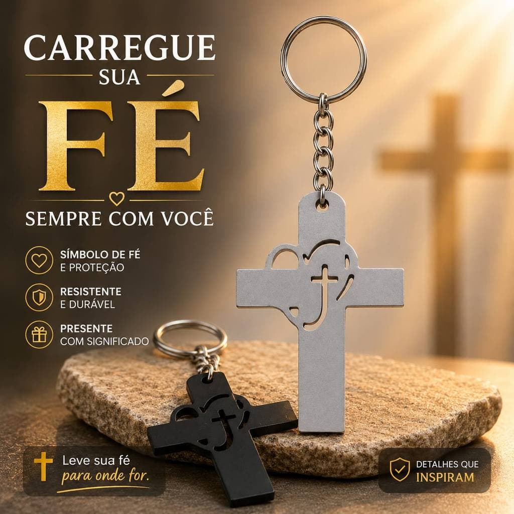 Chaveiro Cruz com Coração Fé Proteção Presente Religioso 5 a 30 Unidades