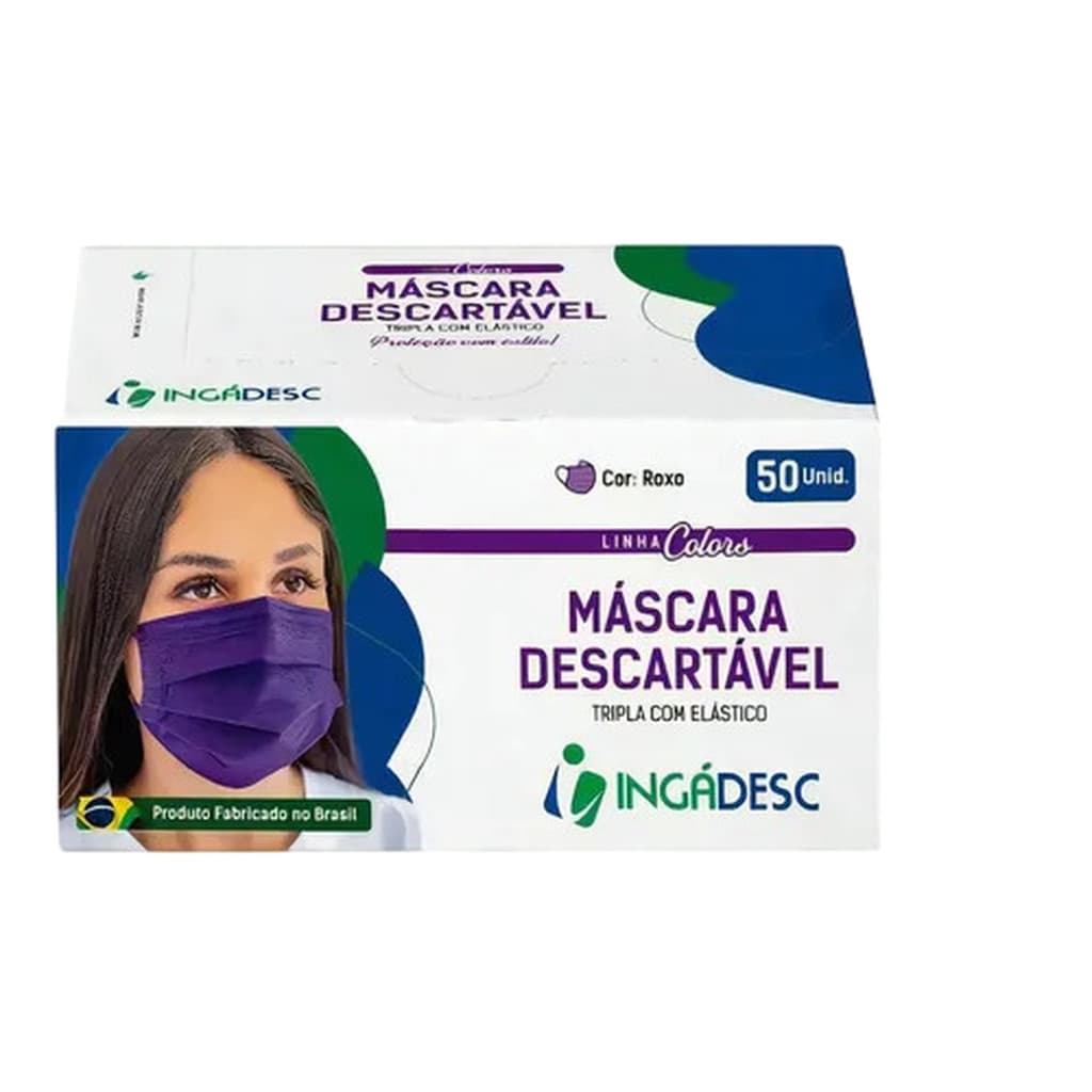 Máscara Descartável Camada Tripla Proteção C/ Elástico 50 Un Roxo Liso