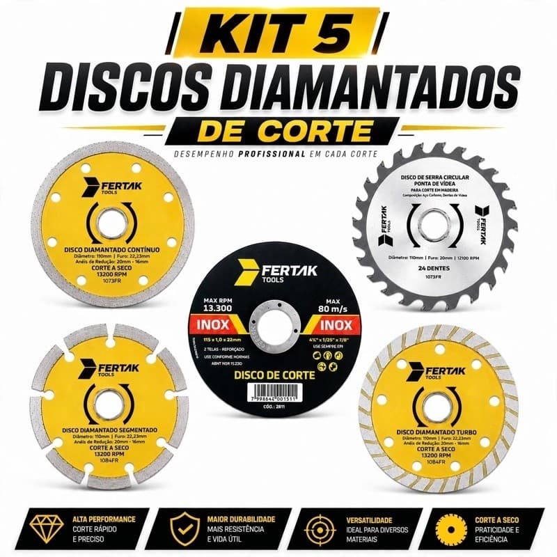 Kit 5 Discos Diamantado Esmerilhadeira Serra Mármore Granito Concreto Piso Cerâmica Madeira Aço Inox Metais Fertak