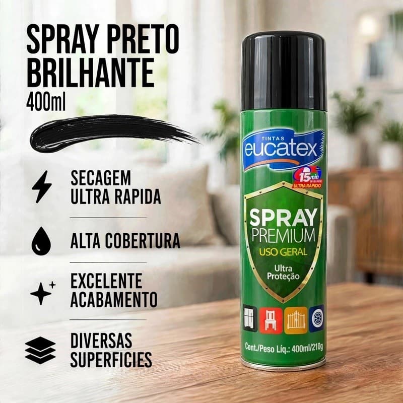 Spray Preto Brilhante Alta Temperatura 400ml Tinta Premium 600°C Eucatex TekBond Secagem Ultra Rápida