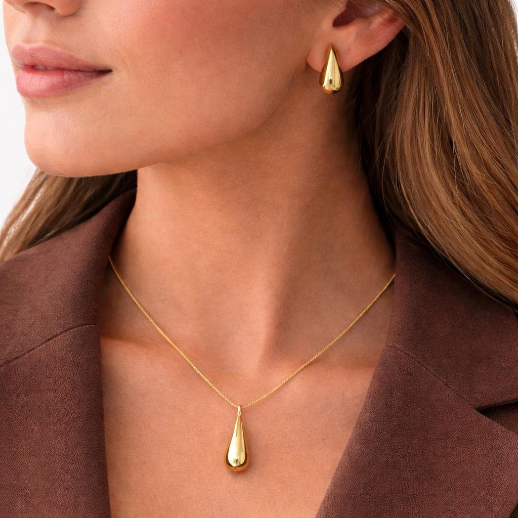 Colar e Brinco Gota Lisa Orgânica Banhado a Ouro 18k