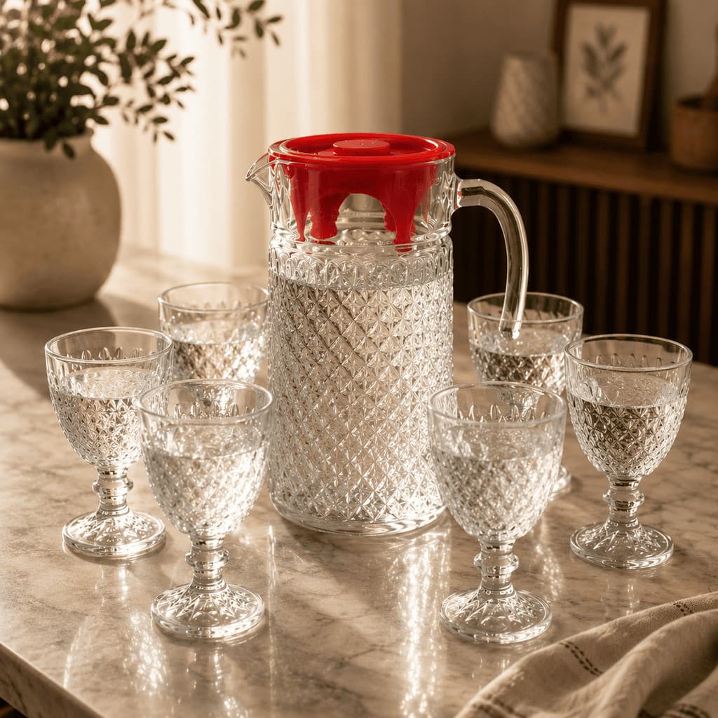 Jogo de Jarra de Vidro 1,5L com 6 Taças de Vidro Luxo Cristal Transparente Kit Suqueira Mesa Posta Água Suco Bebidas