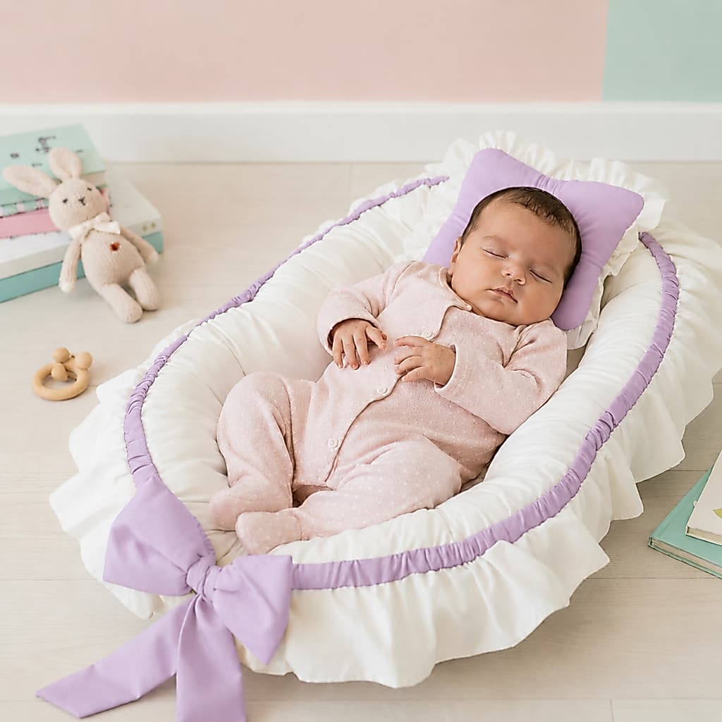 Ninho Redutor De Berço Para Bebe Com Laço E Travesseirinho MENINAS várias cores e temas Branco/Lilas