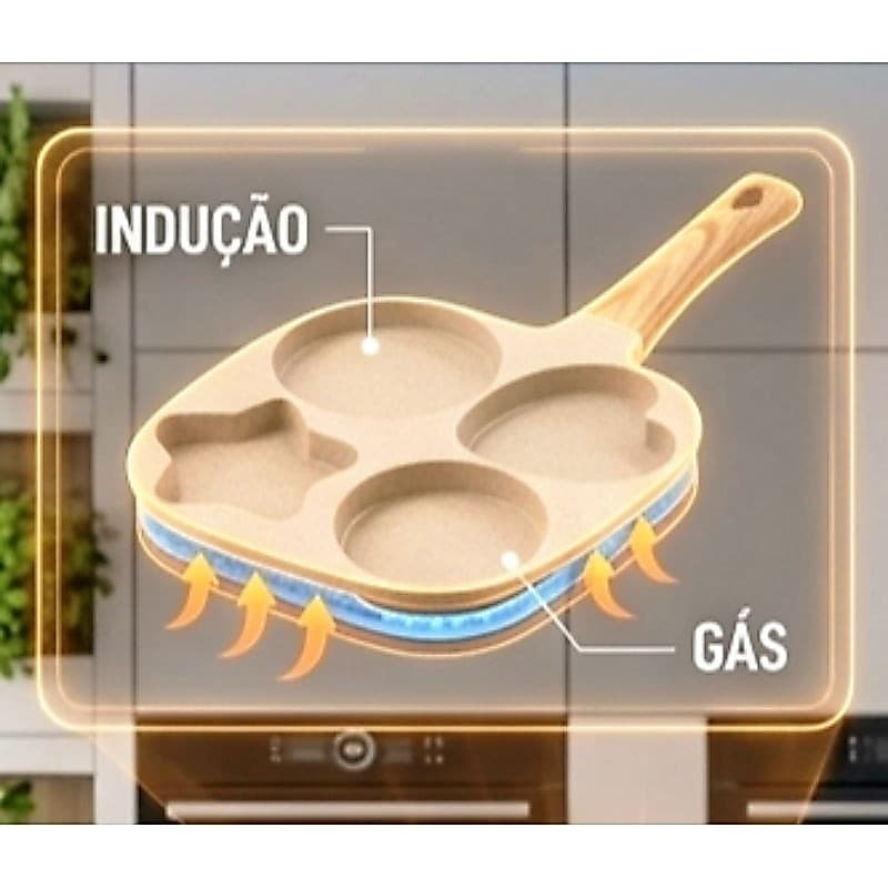 Frigideira Antiaderente 4 Divisoes Para Fogao a Gás E Inducao Cabo De Madeira Cafe Da Manha Multiuso