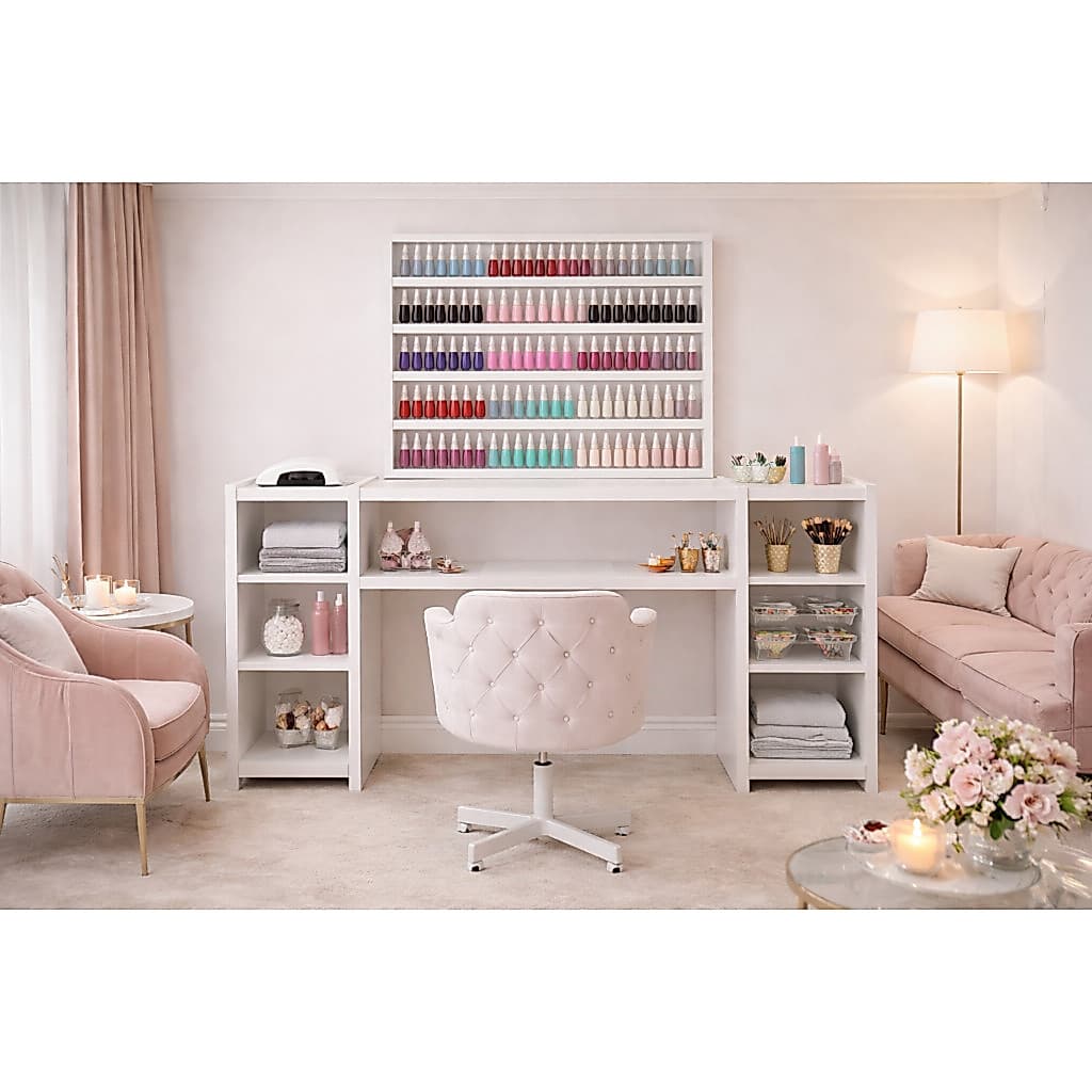 Mesa Manicure Completa + Expositor Esmaltes Nichos MDF Branco Profissional