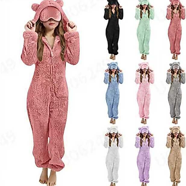 Novo pijama infantil de inverno de uma peça com capuz de pelúcia, pijama infantil para casa com máscara de dormir incluí