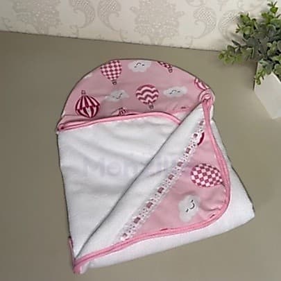 Toalha De Banho Bebe Dupla Face Com Capuz Forrada com Fralda Balão Pink