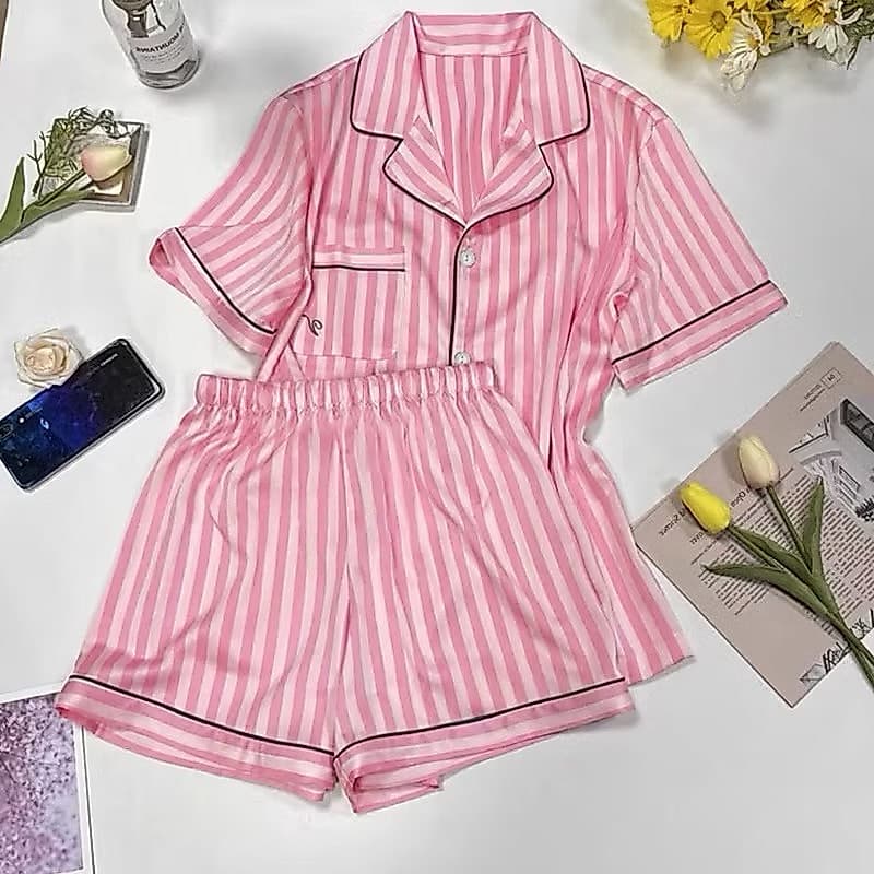 Pijama feminino Rosa listrado cetim premium, pijama Americano, super confortável, pós cirúrgico amamentação.
