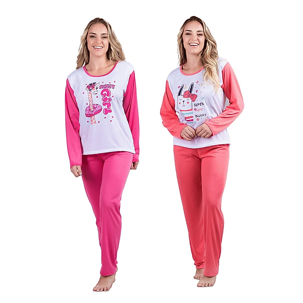 Kit 2 Pijamas Conjunto Colorido Manga Longa Calça Inverno Noite Confortável Dormir Estampada Promoção Para Revenda 314