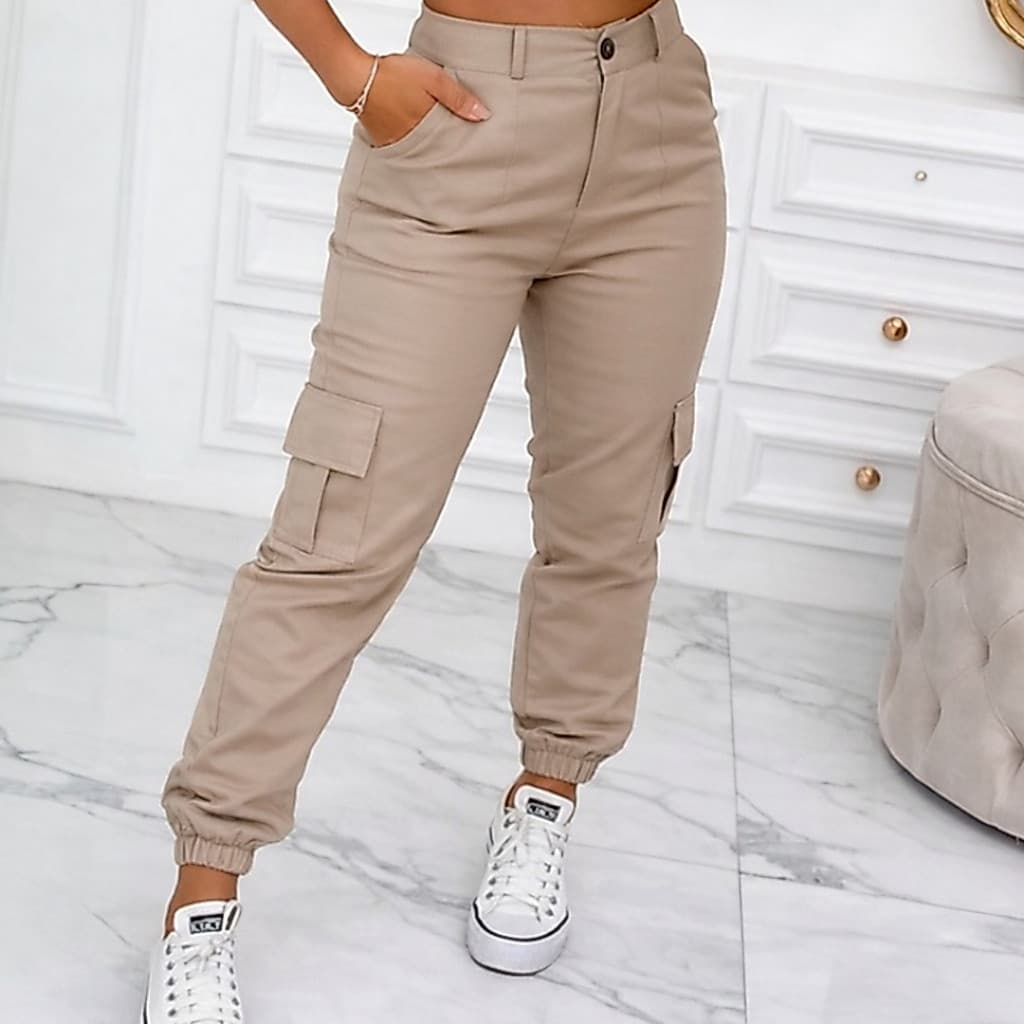 Calça Jogger Feminina Sarja Cargo Cintura Alta Bolsos Laterais Elástico