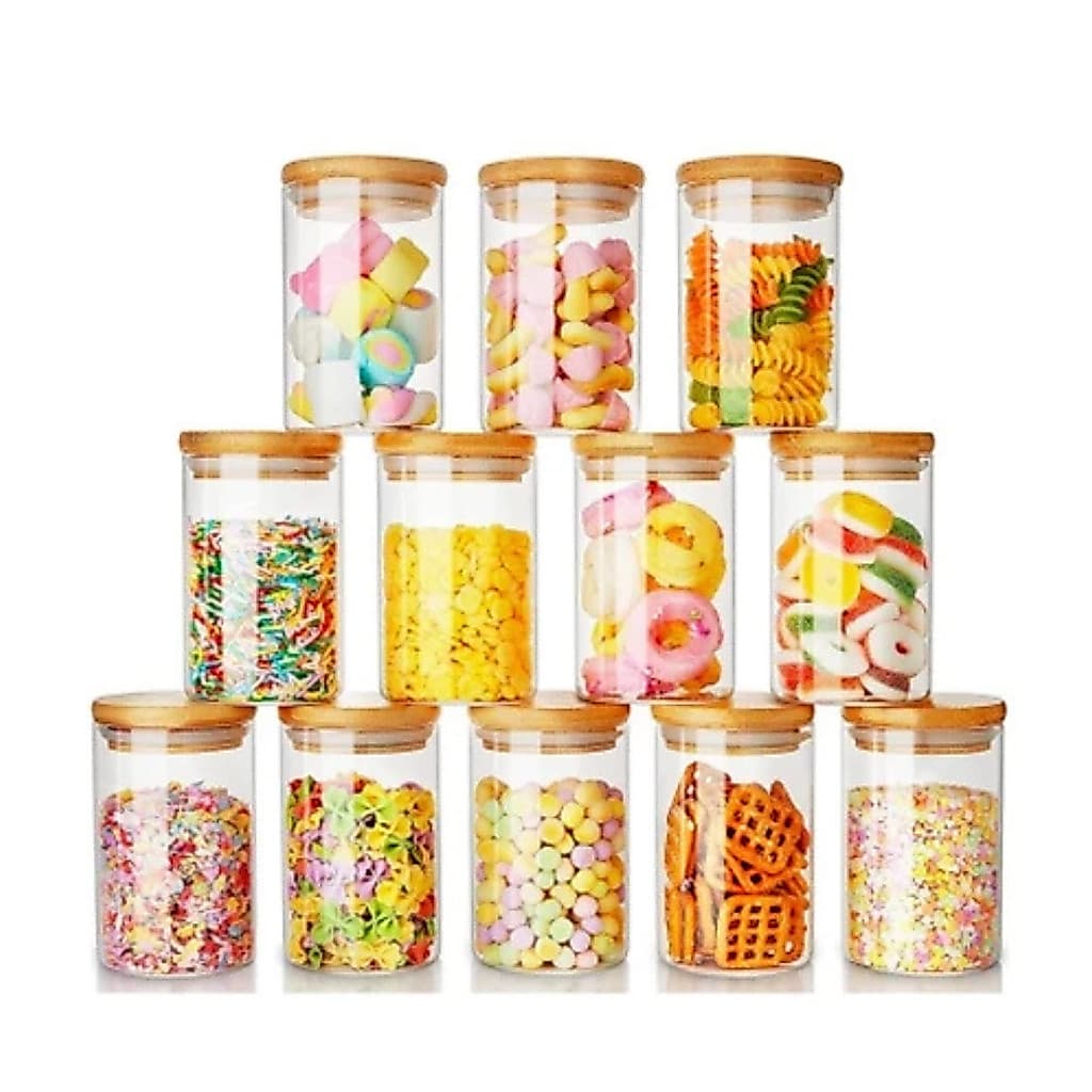 Kit 5 Potes De Vidro Condimentos 350ml Com Tampa De Bambu