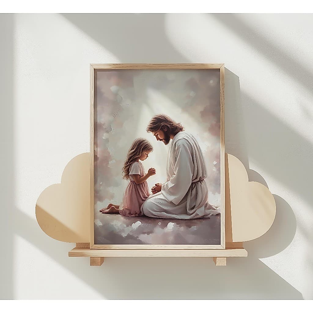 Quadro Decorativo Jesus Cristo e a Menina Rezando Orando Religioso Rosa