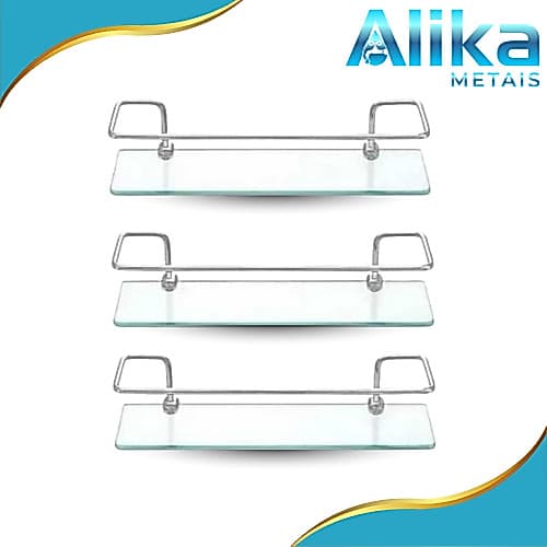 kit com 3 prateleiras porta shampoo reto vidro 30cm para banheiro lavabo e lavanderia