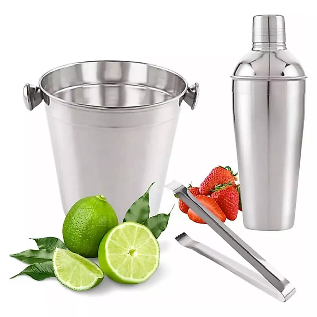 Kit Bar Inox 3 Peças Balde Pegador E Coqueteleira 500 Ml