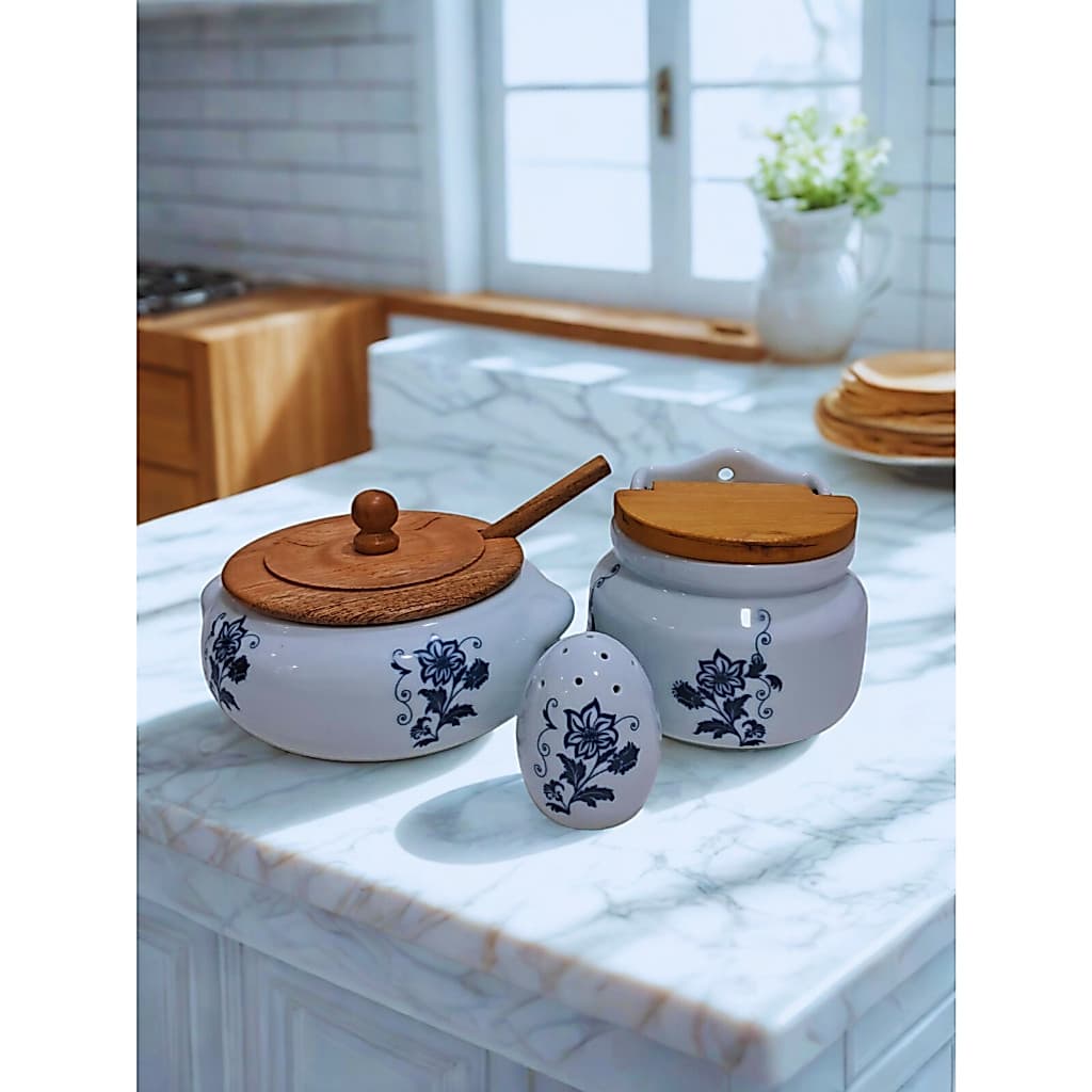 Kit saleiro de bancada - farinheira - saleiro de mesa - porcelana - decoração Floral azul