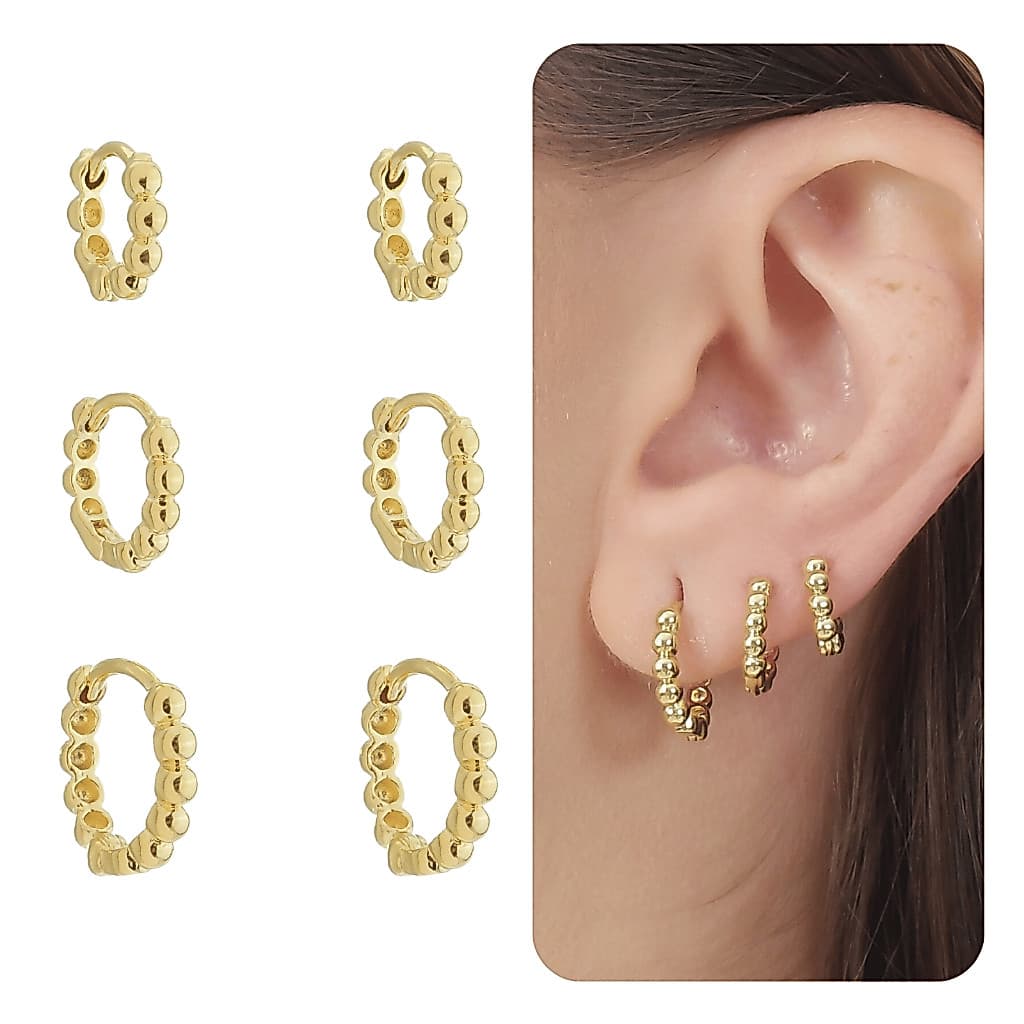 Kit Trio Brinco Argola Click Bolinhas Banhada a Ouro 18K Antialérgica Feminino Moda