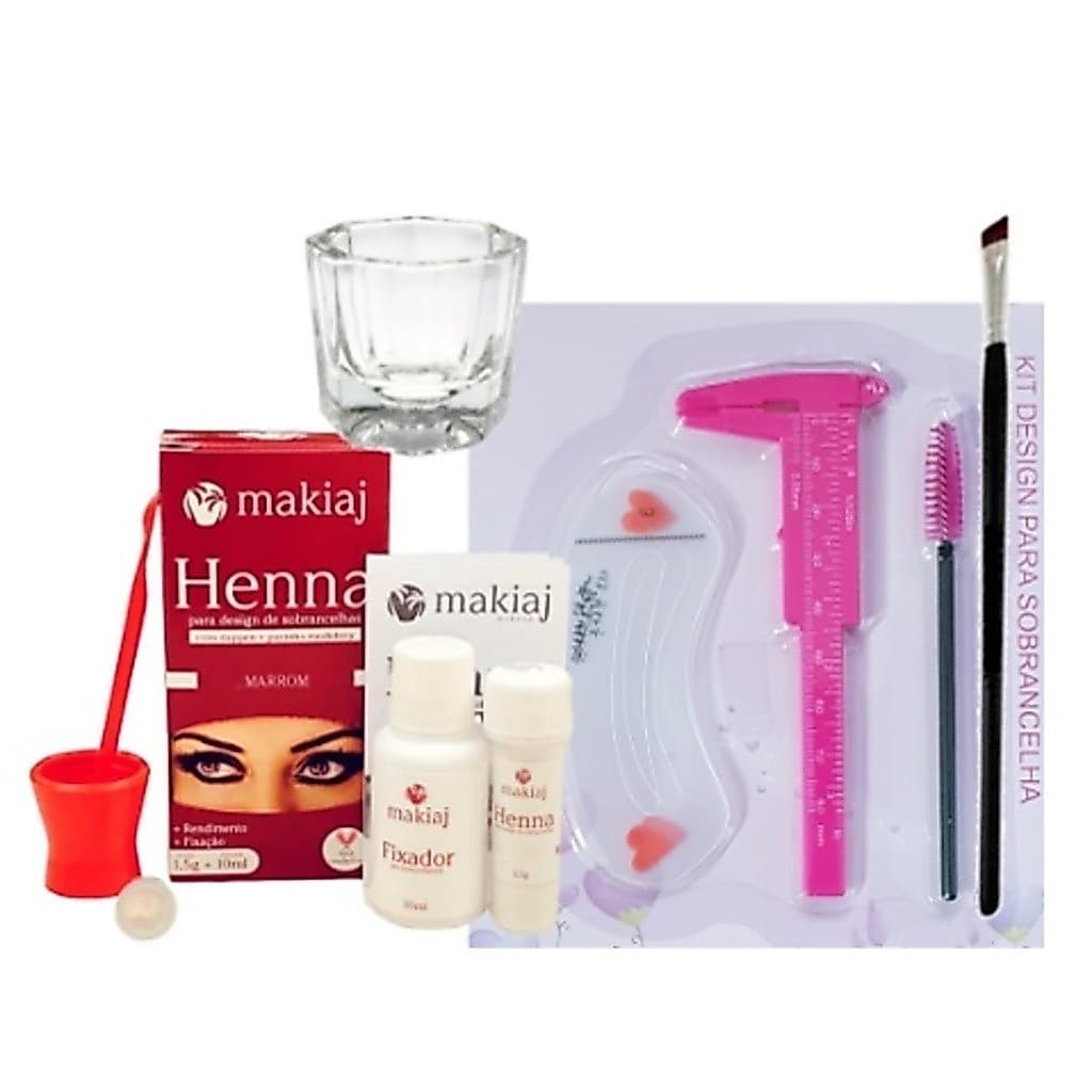 Kit Henna Sobrancelhas henna Makiaj fixador + Paquimetro 8cm + 3 Moldes Plasticos + Escovinha cilios e sombrancelhas
