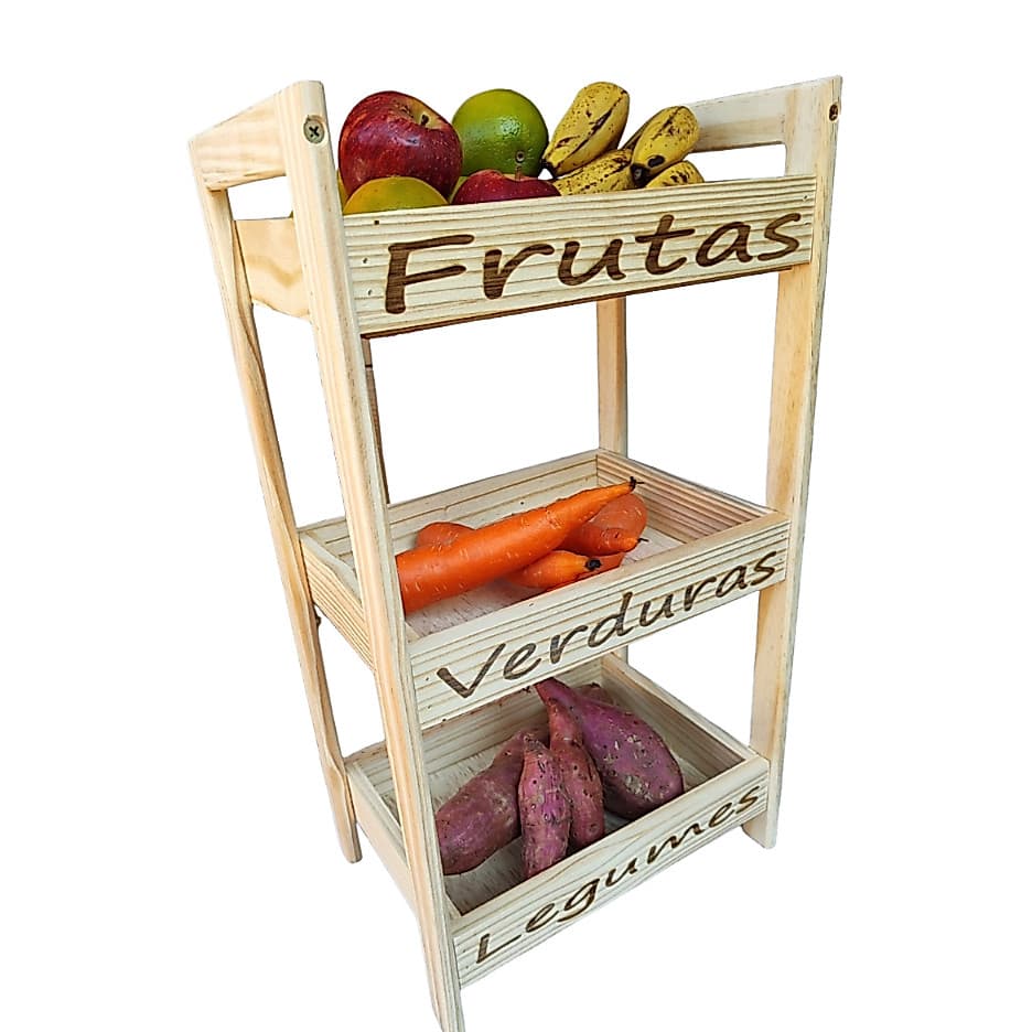 Fruteira de chão cozinha 3 Cestos madeira maciça pinus Mesinha de madeira Frutas Legumes Decoração